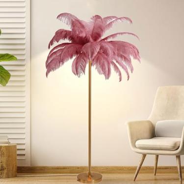 Imagem de Luminária de chão, luminária de pé nórdica, lâmpadas de piso de penas de 160 cm de altura com acabamento dourado e interruptor de pé, lâmpadas de penas reguláveis para quartos e sala de estar