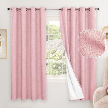 Imagem de Cortinas blecaute de linho rosa bebê para berçário, conjunto de 2 painéis de comprimento de 153 cm, isolamento térmico, boho, total blackout, redução de ruído, cortinas de janela Bonzer para quarto de