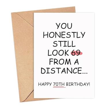 Imagem de ShelbyShops Cartão engraçado de aniversário de 70 anos - You Look 69 From A Distance - Happy 70Th Birthday Card Men - 70Th Rude Card - Look 69 Card - Boy 70 Birthday Card - 69 Plus 1 Card - Cartão de
