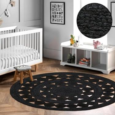 Imagem de RIANGI Tapete preto, tapete redondo para sala de estar, jantar e quarto, tapete tecido à mão - 5FT