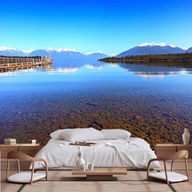 Imagem de Lcythiazole Murais de parede personalizados Peel and Stick Papel de parede mural paisagem floresta lago e montanha neve lago papel de parede mural - adequado para sala de estar, quarto