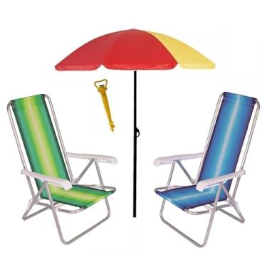 Imagem de Kit 2 Cadeira Reclinável 4 Posições Alumínio + Guarda Sol 1,80 m Aço + Saca Areia - Mor - Vermelho