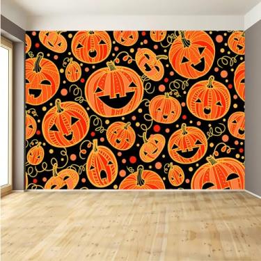 Imagem de Lcythiazole Papel de parede mural de Halloween, tamanho personalizável, fundo preto, laranja, caveira, estampa para sala de estar, quarto, restaurante