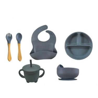 Imagem de Kit Refeição Bebê Silicone Colher Pratinho Babador Infantil Ventosa 6 