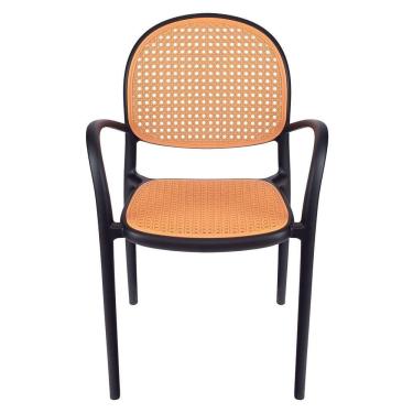 Imagem de Kit 8 Cadeiras Jantar Cozinha Cafeteria Com Braços Mumbai Tela Palha Plástico Preto