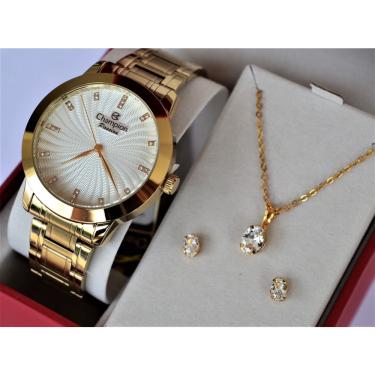 Imagem de Relogio champion feminino dourado grande CN29276B + kit semi joia