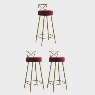 Imagem de Kit 03 Banqueta Alta Com Encosto Tânia Eiffel Cozinha Bar Bistrô Ferro Dourado Suede Vermelho - Ahz Móveis