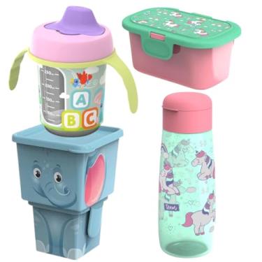 Imagem de Kit Bebe Copo Transição Treinamento Antivazamento Garrafa Pote Organizador Duplo 5 Peças Infantil elefante