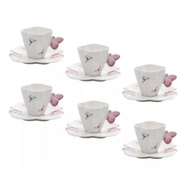 Imagem de 6 Xícaras De Café E Pires Porcelana Borboletas Branco 100Ml - Wolff