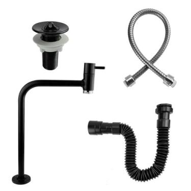 Imagem de Kit Torneira de Banheiro Lavatório Cuba Link Alta 3050 Metal Preta + V