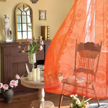 Imagem de Cortinas de renda laranja para sala de estar, 153 cm de comprimento, conjunto de 2 painéis, boho transparente com renda floral, floral vintage, bolso para haste, 132 x 163 cm