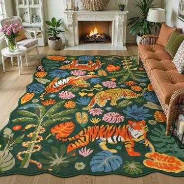 Imagem de LEEVAN Tapetes de área de animais laváveis 12 x 18 cm, tapetes laváveis para sala de estar, tapete antiderrapante de tigre recortado, tapete de quarto de bebê de leopardo, estampa de folhas de selva