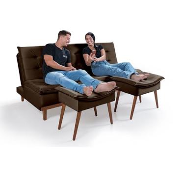 Imagem de Sofá Cama Reclinável Santorini com 2 Banquetas Pés de Madeira Veludo Cor Marrom 3 Lugares Casal Premium