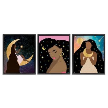 Imagem de Stupell Industries Beautiful Cosmic Women Conjunto de tela flutuante com moldura preta de 3 peças por Daniela Santiago, 43 x 53 cm