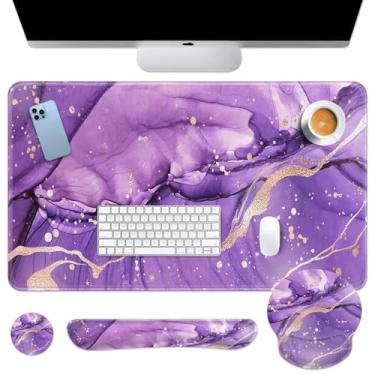 Imagem de Arttown Tapete de mesa de mármore dourado roxo conjunto de mouse pad de mármore abstrato 4 em 1 design ergonômico grande mousepad + descanso de pulso para teclado + descanso de pulso para mouse +