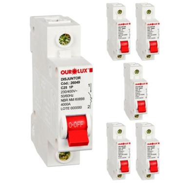 Imagem de 6 Disjuntor Monopolar 25 Amperes Curva C Ourolux