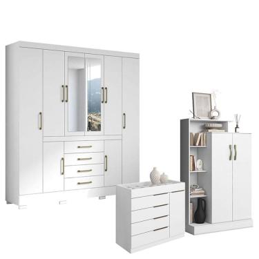 Imagem de Guarda Roupa Casal Nápole 2045149 com Armário Multiuso Florença 2000199 e Cômoda Sapateira Sevilha 2004147 Branco Brilho - Aramóveis