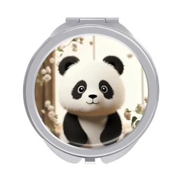 Imagem de LKHDS Espelho de maquiagem de viagem iluminado Panda branco compacto espelho dobrável pequeno espelho de bolso espelho de bolso ampliação 1x/2X espelho portátil de maquiagem de viagem para uso diário