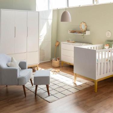 Imagem de Kit Quarto Theo com Pés Square Natural - Berço + Cômoda 6 Gavetas + Gu