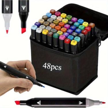 Imagem de Kit com 48 canetas de arte em cores, marcador de desenho artistico, de linha fina de ponta dupla adequado para criação de designs, kit de materiais de arte e pintura para profissionais e amadores.