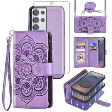 Imagem de Capa de celular para Samsung Galaxy S25 Ultra 5G com zíper carteira celular com protetor de tela de vidro temperado alça transversal alça de flores porta-cartões S25Ultra 25S S 25 25Ultra 6,9 2025