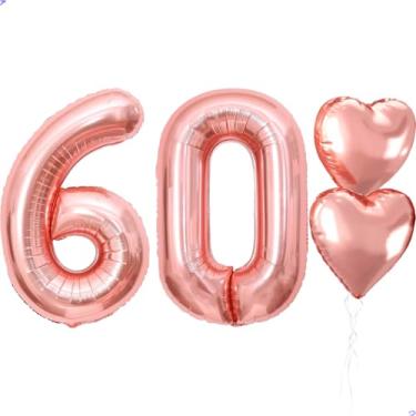 Imagem de Balões de aniversário de ouro rosa de 101 cm para mulheres, balão número 60, decorações de feliz aniversário para mulheres, ouro rosa, decoração de festa de aniversário de 60 anos, balão para