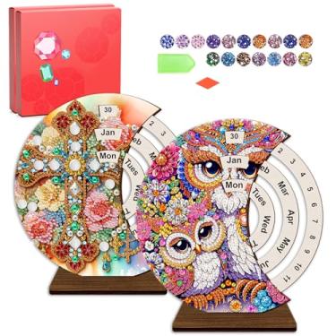 Imagem de CharySim Kits de calendário perpétuo de madeira com diamante 3D para adultos, acessórios de pintura, ferramentas preciosas, pontos cristrais, tinta para suporte de mesa doméstico (coruja e cruz 2)