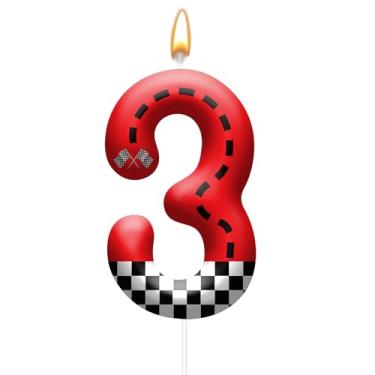Imagem de Vela de aniversário com tema de carro de corrida com design de bandeira quadriculada - Topo de bolo durável para decorações de festa de carro de corrida, suprimentos de aniversário - Vela número 3