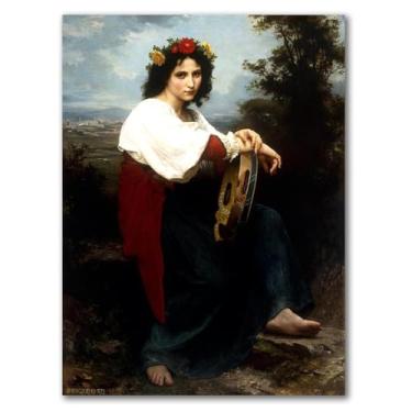 Imagem de LXURY Bouguereau.Menina italiana com um tambor basco. Reprodução de pinturas famosas. Arte de parede em tela. Pôsteres e impressões. Imagem para decoração de casa 70 x 98 cm sem moldura