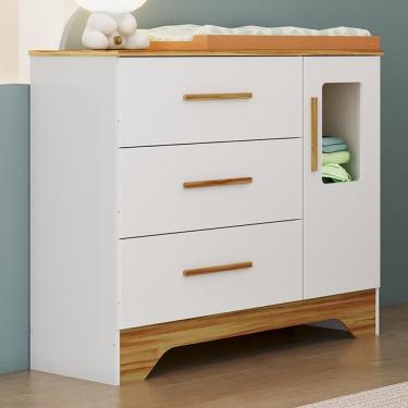 Imagem de Cômoda Infantil Popy Retrô Plus 1 Porta Com Janela E 3 Gavetas Branco Brilho/amêndoa - Móveis Peroba
