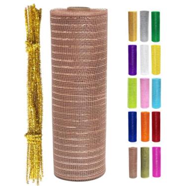 Imagem de Rolo de fita de malha decorativa metálica ouro rosa 25,4 cm x 9,1 m (10 jardas) para árvore de Natal, grinaldas, grinaldas, guirlandas, decorações de férias, papel alumínio com glitter, artesanato de