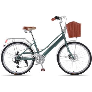 Imagem de Bicicleta Urbana De 24/26 Polegadas, Bicicleta Beach Cruiser De 7 Velocidades, Estrutura De Aço Carbono, Cesta Dianteira E Porta-bagagens Traseiro, A, 24inch
