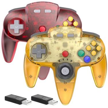 Imagem de 2 Pack 2.4 GHz Wireless N64 Switch Online Controller, USB Receiver, Compatible with Windows PC Laptop iOS Mac Raspberry Pi, Switch Online/NSO - (Rechargeable) (Built-in Rumble) Clear Yellow/Red