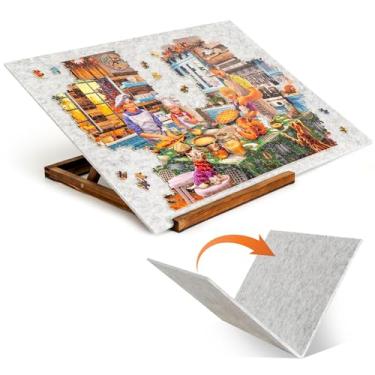 Imagem de Tektalk Quadro de quebra-cabeça dobrável com suporte/suporte ajustável de 3 ângulos, tapete de quebra-cabeça portátil leve com cavalete de madeira, mesa de quebra-cabeça de feltro dobrável, para até