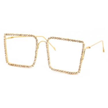 Imagem de Naimo Armação de óculos de strass cintilante, sem lentes, armação de metal, retrô, vintage, armação de óculos, Ouro quadrado