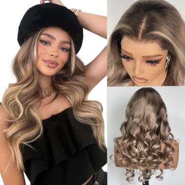 Imagem de Peruca 200% realce balayage cabelo humano deserto crepúsculo cor ombré destaque marrom loiro ondulado corpo 33 x 10 perucas de cabelo humano para mulheres pré-cortado linha do cabelo indetectável 100%