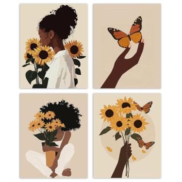 Imagem de AEHIE Impressão de pôster de parede boho menina negra mulher girassol para decoração de casa, sala de estar, quarto, decoração de borboleta, mulher afro-americana, arte de parede, sem moldura, 4 peças