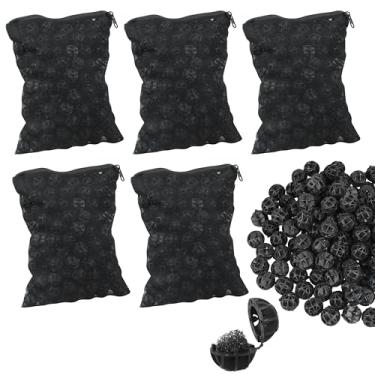 Imagem de 500 peças de bio bolas pretas de 0,6 polegadas de meios de filtro de bioballs internos para filtro de aquário com 5 peças de sacos de mídia de filtro de aquário sacos de malha com zíper