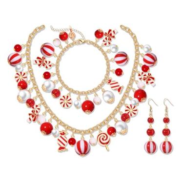 Imagem de HSWE Conjunto de joias de bengala doce de Natal vermelho branco contas de redemoinho de bengala doce pirulito colar gargantilha pulseira de amizade brincos pendurados divertidos Natal aniversário