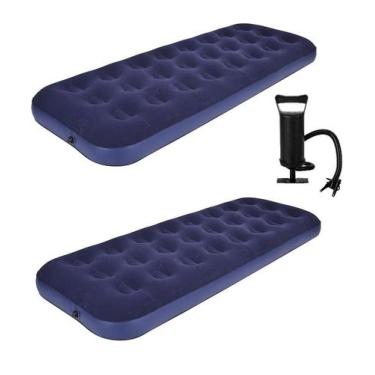 Imagem de Kit 2 Colchão Inflável Solteiro Camping + Bomba Ar Manual - OMEGA