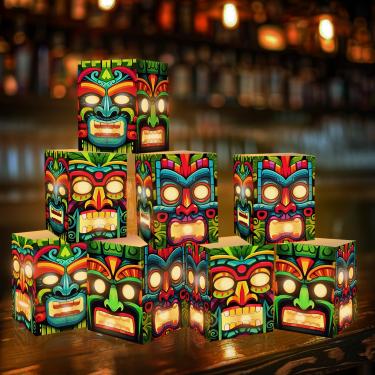 Imagem de 8 peças de decoração de caixa de totem Tiki com luz, totem Tiki decoração coluna cartolina, caixas de lembrancinhas de festa de verão tropical, decorações havaianas luau para festa de aniversário