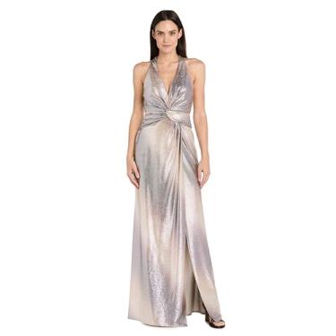 Imagem de Vestido longo ombré metálico frente única com decote em V com cintura franzida torcida e fenda frontal, Champanhe/Mocha, 54