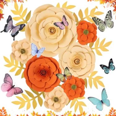 Imagem de PATTEPOINT Decorações de flores de papel 3D grandes para parede, flores artificiais de dália de outono com borboleta, ouro, cartolina, folhas, decoração para casa, parede, chá de noiva, festa de