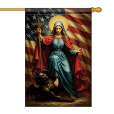 Imagem de Starlit Patio Bandeira da Casa Cristã 71 x 101 cm Virgem Maria Conquistando o Mal Bandeira de Jardim Dupla Face Mãe Santa Cruz Ramo de Oliveira Bandeira dos EUA Bandeira de Quintal Alpendre Exterior