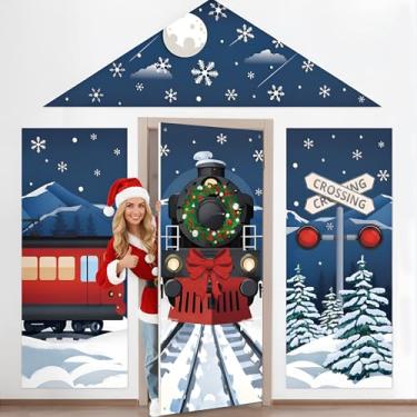 Imagem de Kathfly 4 peças de decoração de alpendre de trem de véspera de Natal Natal neve trem noturno trilho de ferrovia corredor capa de porta de casa pano de fundo faixa suspensa de Natal sinal de varanda
