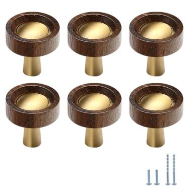 Imagem de Evionlin 6 peças ganchos de parede redondos de cobre e nogueira, maçanetas de porta de armário, puxadores de armário de cozinha ou puxadores de gaveta, adequados para armários e banheiros