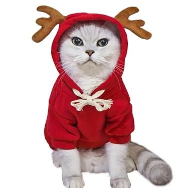 Imagem de Anelekor Fantasia de cachorro de rena de Natal para cachorro pequeno, menina, menino, vermelho, com chifres, moletom com capuz para animais de estimação, roupas de inverno para gatos (vermelho, grande