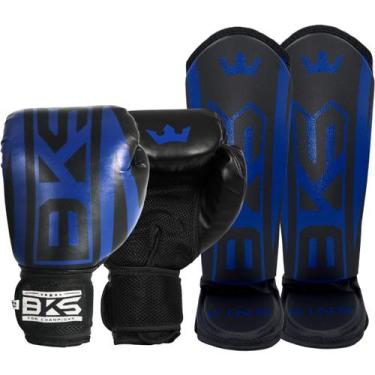Imagem de Luva Muay Thai Boxe Kickboxing Sparring Caneleira Bks, Azul, 8oz