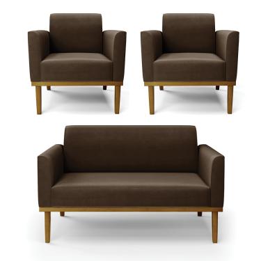 Imagem de Sofá Namoradeira com 2 Poltronas Base de Madeira Fixa Castanho Marisa Suede Marrom D03 - D'Rossi