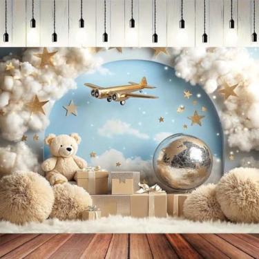 Imagem de Pano de fundo para chá de bebê urso – Fundo de fotografia Up Up and Away Baby One Birthday Banner Bagagem Adventure Background Cake Smash Kids Birthday Party Recém-nascido pano de fundo (1,5 x 3 pés)